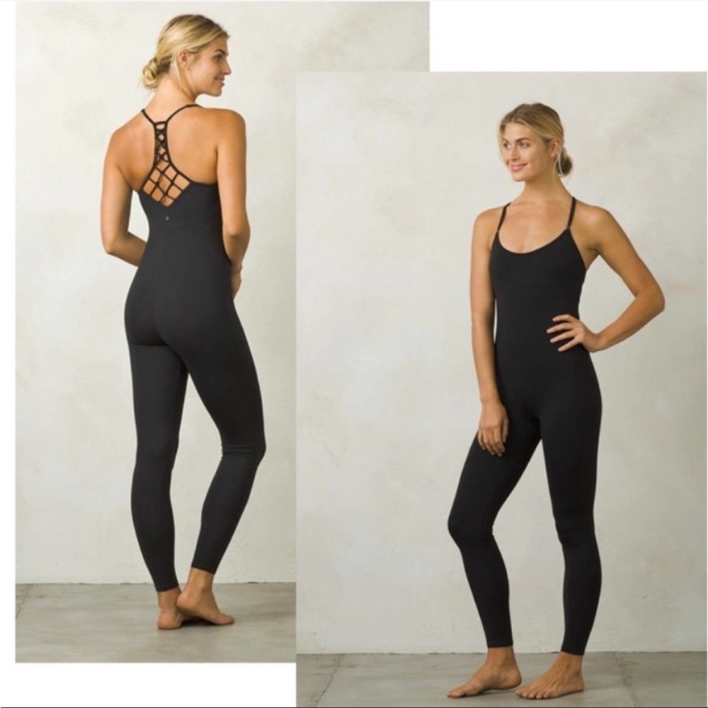 Prana elixir black macrame racer back one piece workout jumpsuit medium
